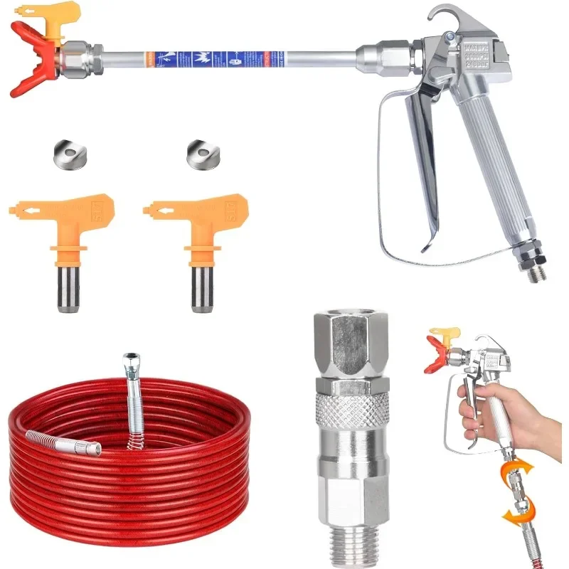 

Airless Paint Spray Gun and 50 Feet Airless Hose Kit (Red) with 10 Inch Spray Extension Pole,A 360° Swivel Joint Two 517 Tips