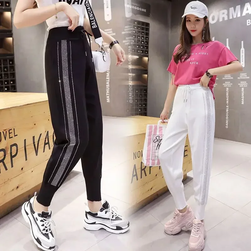 Loose Fit Black Knitted Harem Pants for Women with Diamond Rhinestone Decoration Elastic Waistband Sweatpants Cropped Pants