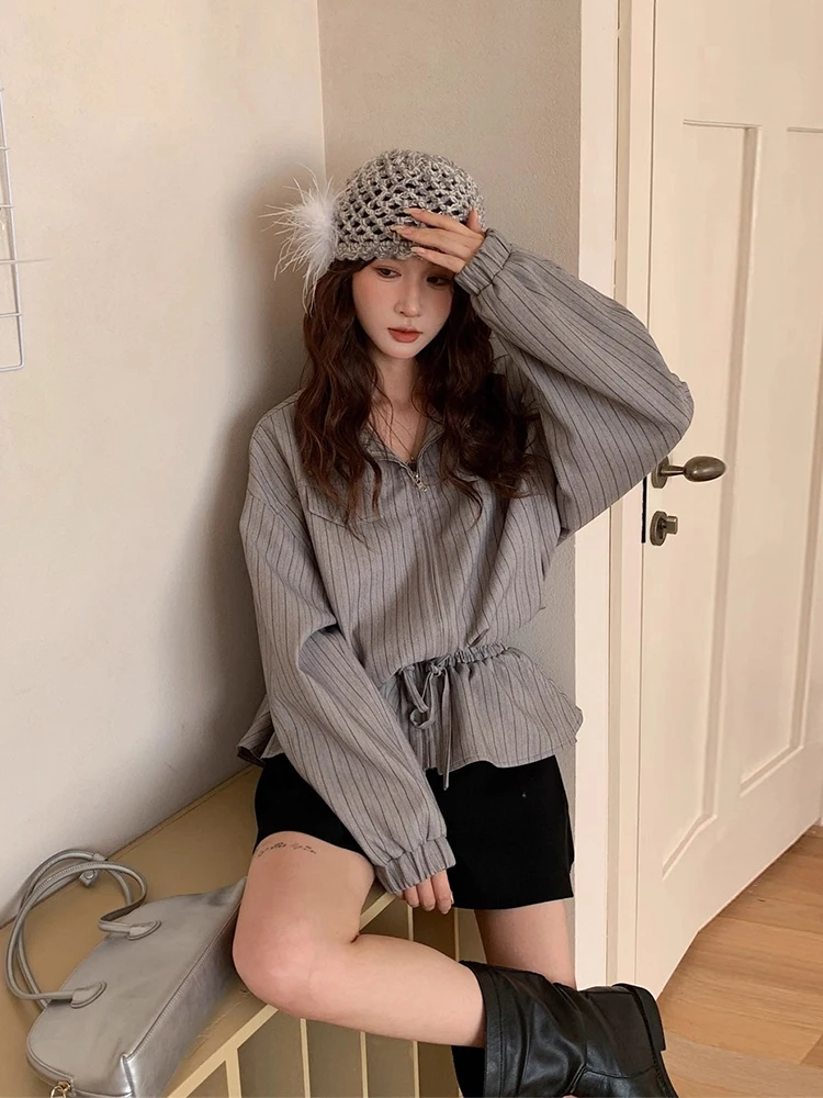

Slimming Effectiven Chic Autumn New Sle Retro Dstring Waist Long Sve Striped irt Jaet Women's Faion Premium ...