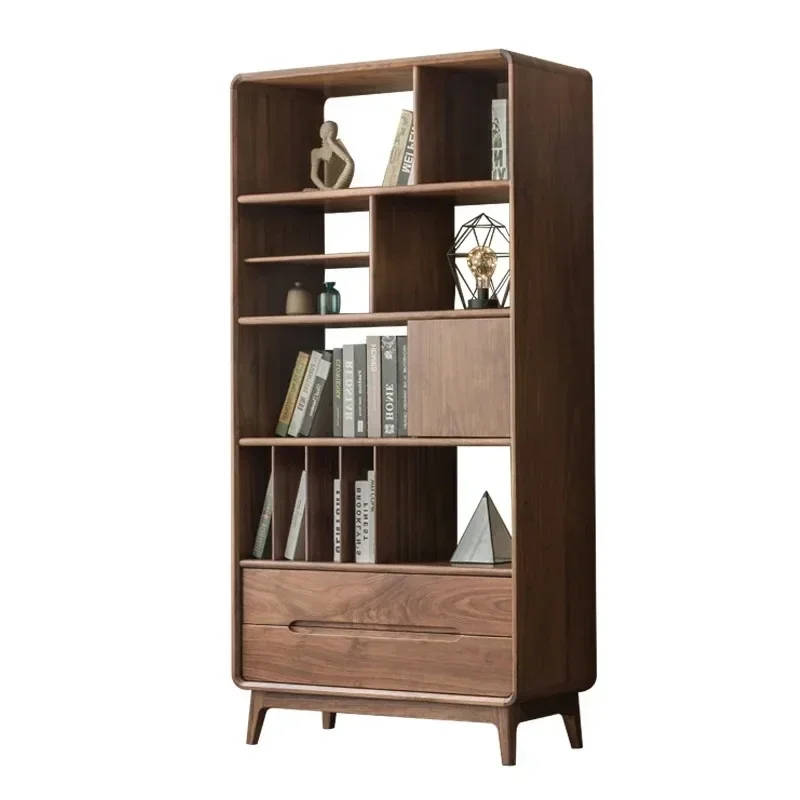Black walnut bookshelf combination, storage cabinet, simple study furniture shelf, storage all solid wood open book