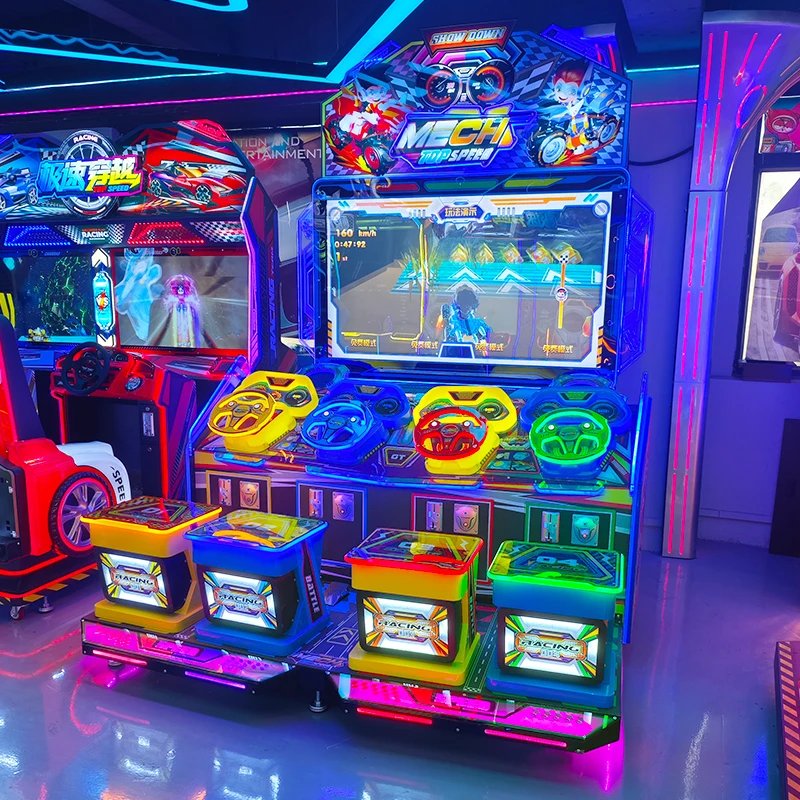 Kids Adults Mecha Speed Racing Arcade Simulator, 4 Players Coin Operated Video Game Machine, Metal Construction, English Support