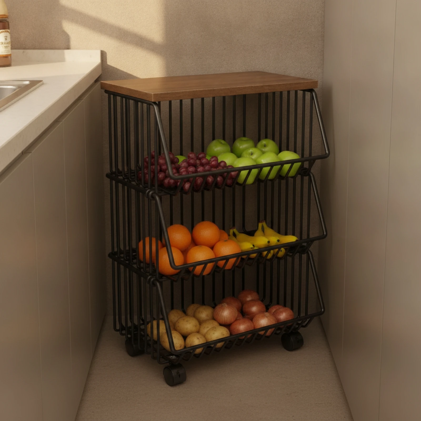 Kitchen Storage Cart with Wood Top Modern Rolling Cart with Wire Baskets Pantry Organizer Vertical Mobile for Apartment