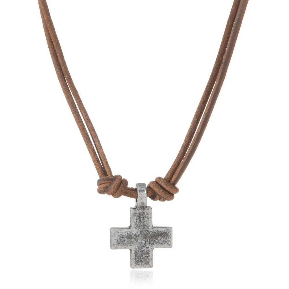 New Retro Cross Pendant Necklace Handmade Craft Alloy Rope Leather Necklace Simple Braided Cross Necklace Unisex