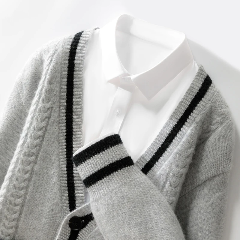 Cardigan in maglia con doppia tasca color block in lana merino al 100% Cashmere morbido maniche lunghe Abbigliamento da uomo confortevole e di base