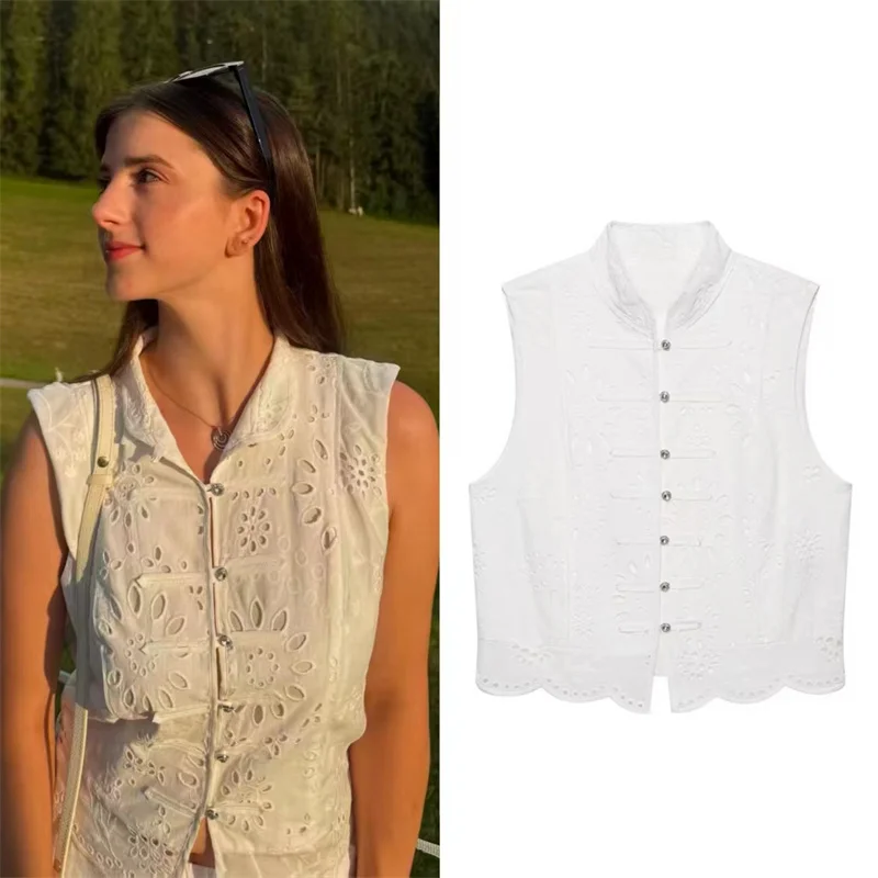 Guobioziy Women's Vest 2026 Summer New White Sleeveless Embroidered Hollow Out Button Decor Vest Stylish and Trendy