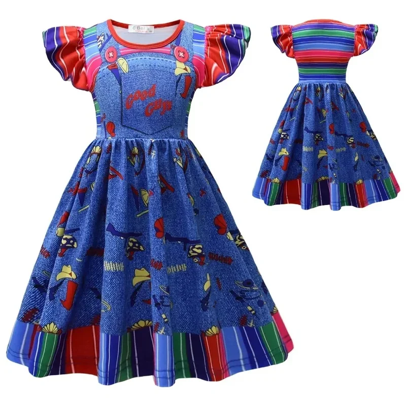 x;3,v'6\g/Kids Child's Cosplay Costume 3D Cartoon Printing Ruffle Girls Chucky Role Play Dress Hallo7'h.n;y\3/ - view 2