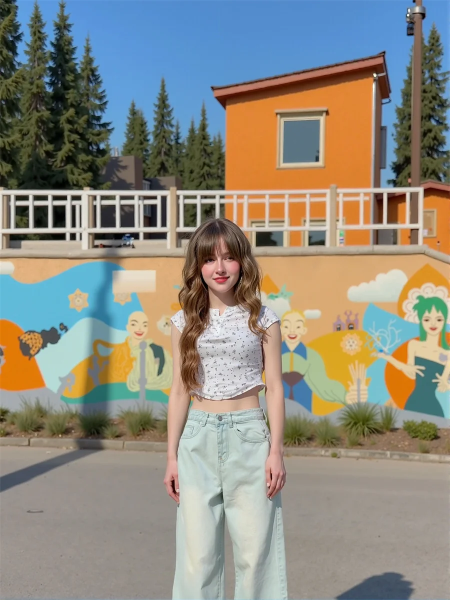 

Floor Wide Leg Distressed Jeans Womens Patchwork Embroidery Ripped High Waist Elastic Pocket Pleated Chic Vintage Blue Flared