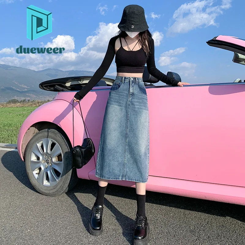 

DUEWEER Retro Split Denim Skirt Women's 2022 Spring High Waist A Line Long Skirt Japanese Fashion Midi Korean Style Streetwear