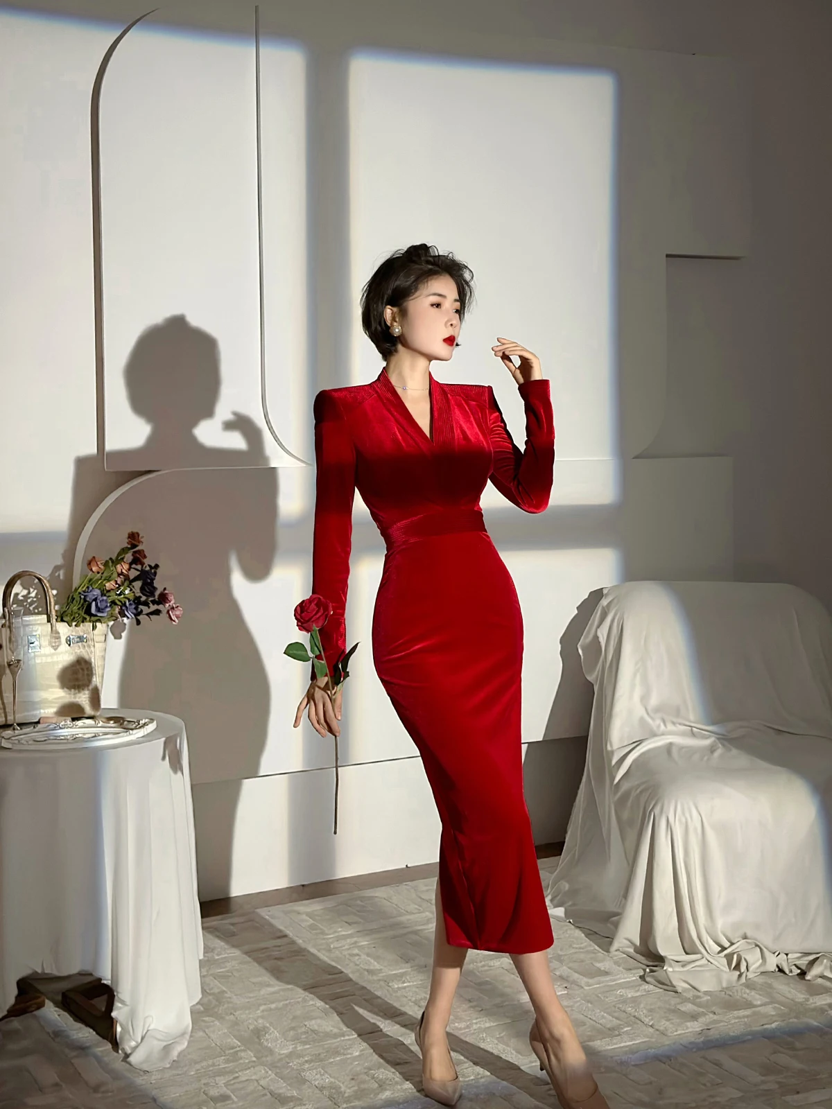 

XULU Red Velvet Patchwork Sexy Bodycon Dr High Waist Long Sve V-Ne Evening Gown Women's Faion Sli Casual Wear