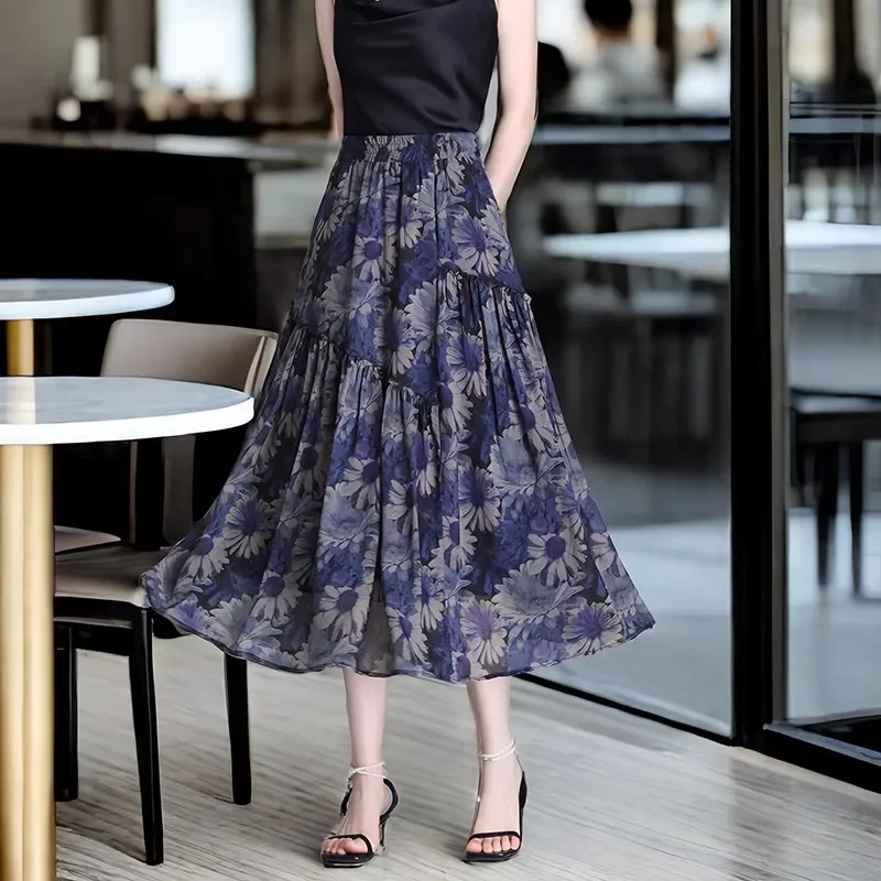 

Women's k Floral Print Tiered Midi High Waist Lightweight Chiffon Casual Elegant Skirt