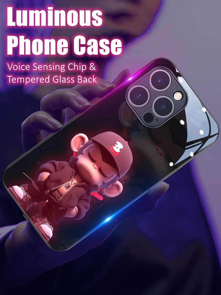 

Fashion Monkey Special LED Light Glowing Luminous Glass Phone Case for iPhone 11 12 13 14 15 X Xs Xr Mini Pro Max Plus Cover