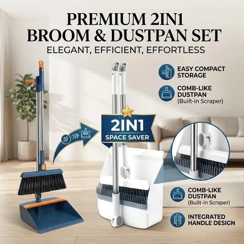 Christmas Stocking Stuffers Upright Broom Dust Tray Set with Long Handles Indoor Outdoor Garage Kitchen Office Lobby Home