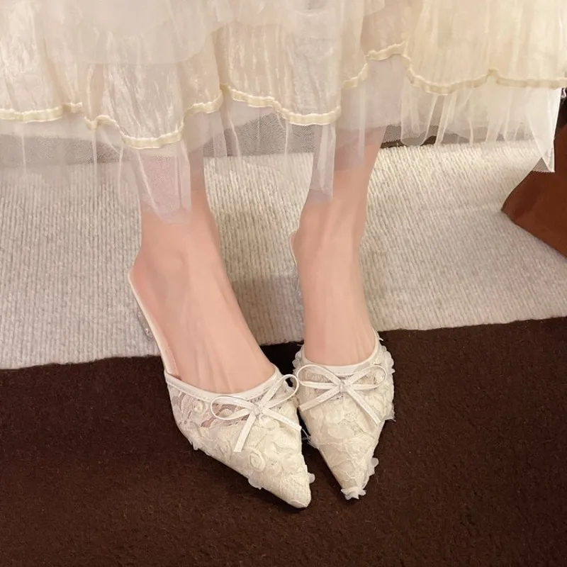 

New Summer Fashion Cover Toe Lace Slippers Women's Thick Heels Wedding Party Slip On Slide Shoes