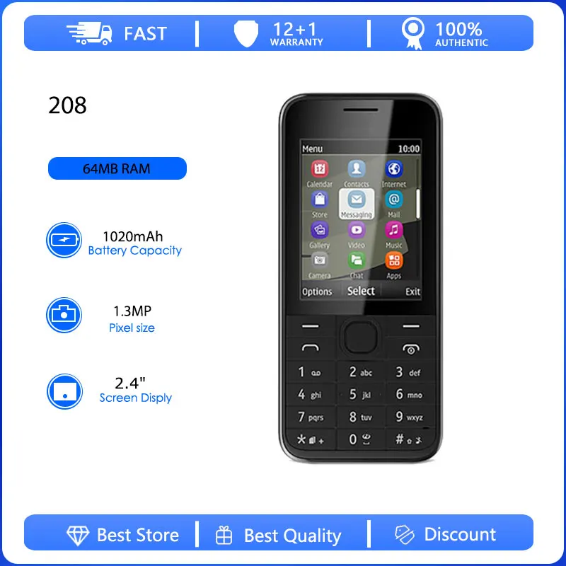 Refurbished Original 208 Single Sim/Dual Sim Unlocked GSM 900/1800 Mobile Phone Russian English Keyboard Made in Finland