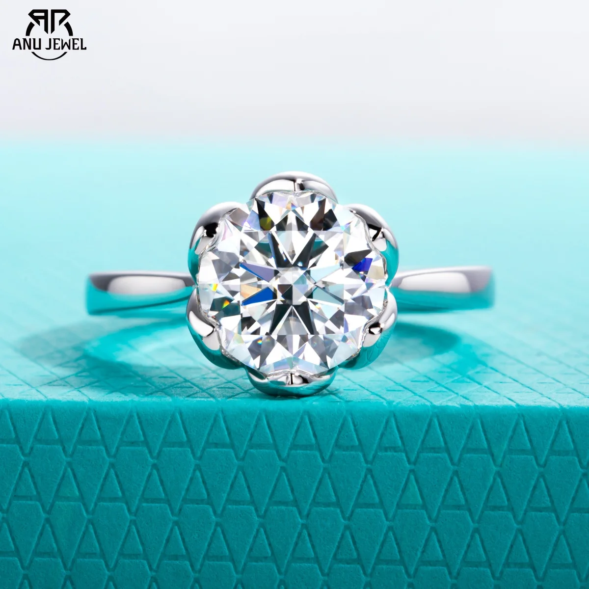 AnuJewel 3ct D Color Moissanite Lotus Engagement Ring 925 Sterling Silver Solitaire Promise Rings for Women Jewelry Gifts