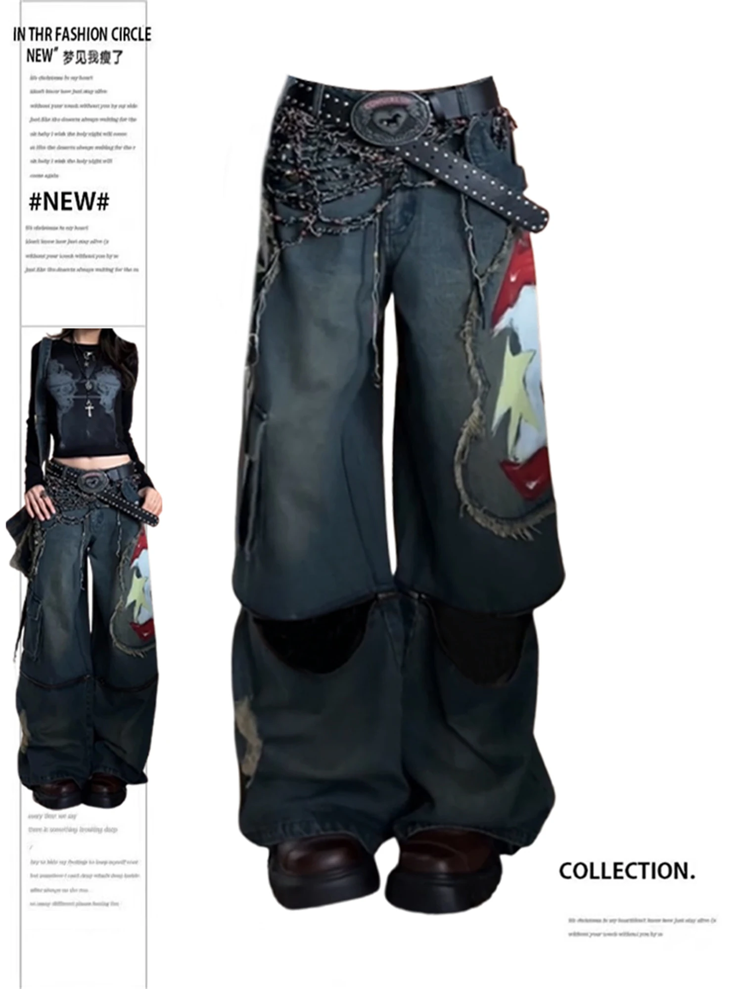 

Y2K Women's High Waist Wide Leg Cargo Jeans Vintage Washed Hand Painted Patchwork Distressed Denim Pants Streetwear Trousers