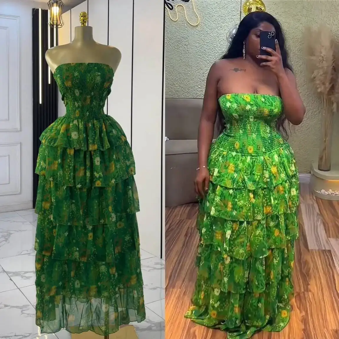 Verão elegante estilo praia vestido verde feminino elegante impresso fora do ombro sem alças vestidos longos senhoras babados camada longo robe
