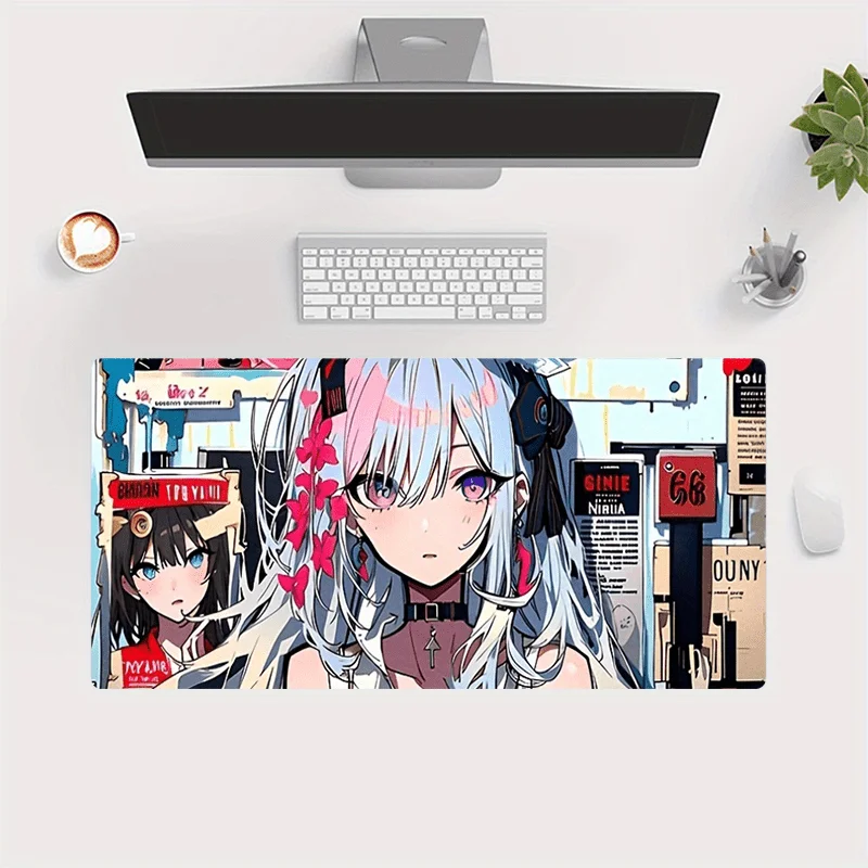 Gaming Mouse Pad, Large Desk Mat, Anti-slip, Stitched Edges, Two Girl City Street Print, Keyboard Pad for Gaming & Home Use