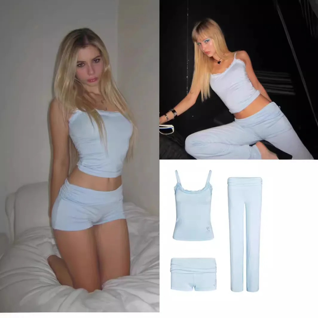 Skin-friendly Home Clothes Rhinestone Lace Trim  Strap Vest Shorts Pants Sleepwear Set Women's Fashion Set Polyester Fiber