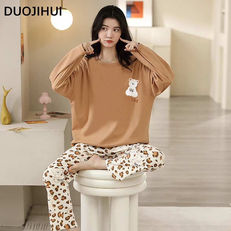 DUOJIHUI New Two Piece Contrast Color Pajamas for Women Simple Print Basic Pullover Loose Casual Pant Fashion Female Pajamas Set