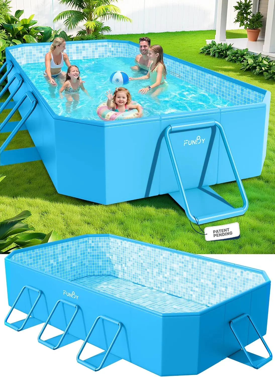 

Large Foldable Pool for Adults & Kids, 108x68x20in, Non-Inflatable, Mosaic Design, Light Blue