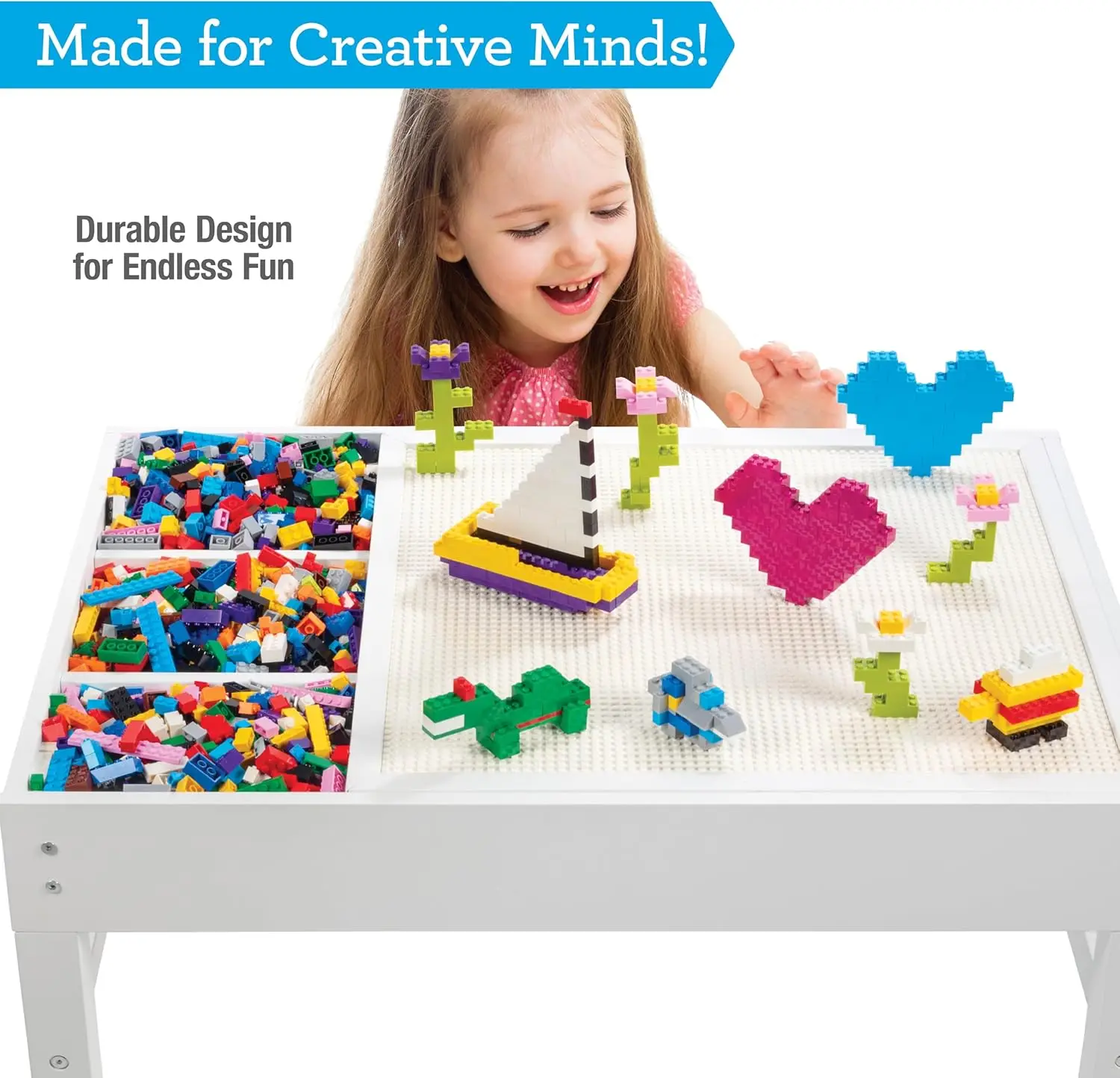 Brick Construction Play Table w 4 Storage Compartments & 1000 Rainbow Bricks- Build & Stack Block Pieces on Tabletop Baseplate G