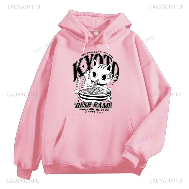 Interesting Cat To Eat Kyoto Fresh Ramen Woman Hoodie Japanese Harajuku Autumn and Winter Drop Shoulder Warm Unisex Sweatshirt