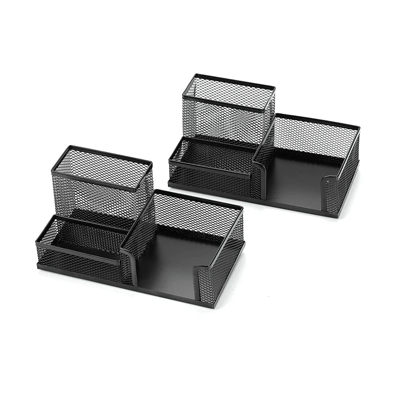 Mesh Desk Organizer Black Desk Pen Holder Multifunctional Pen Holder With 3 Compartments Suitable For Office School 2Pcs