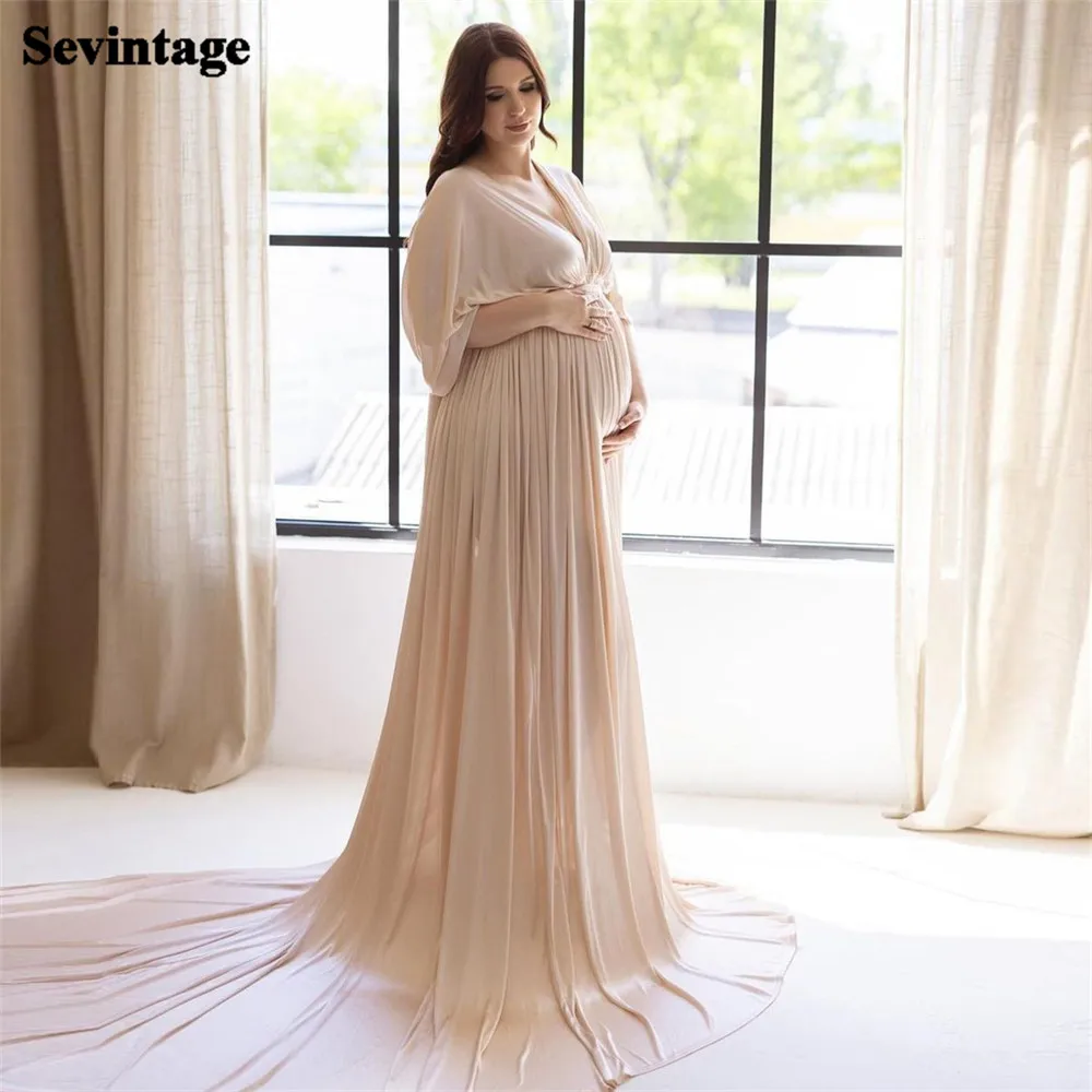 

Sevintage Flesh Color Maternity Prom Dress Empire Pregnant Dress Deep V-Neck Plus Size Evening Party Gowns Chiffon Abendkleider