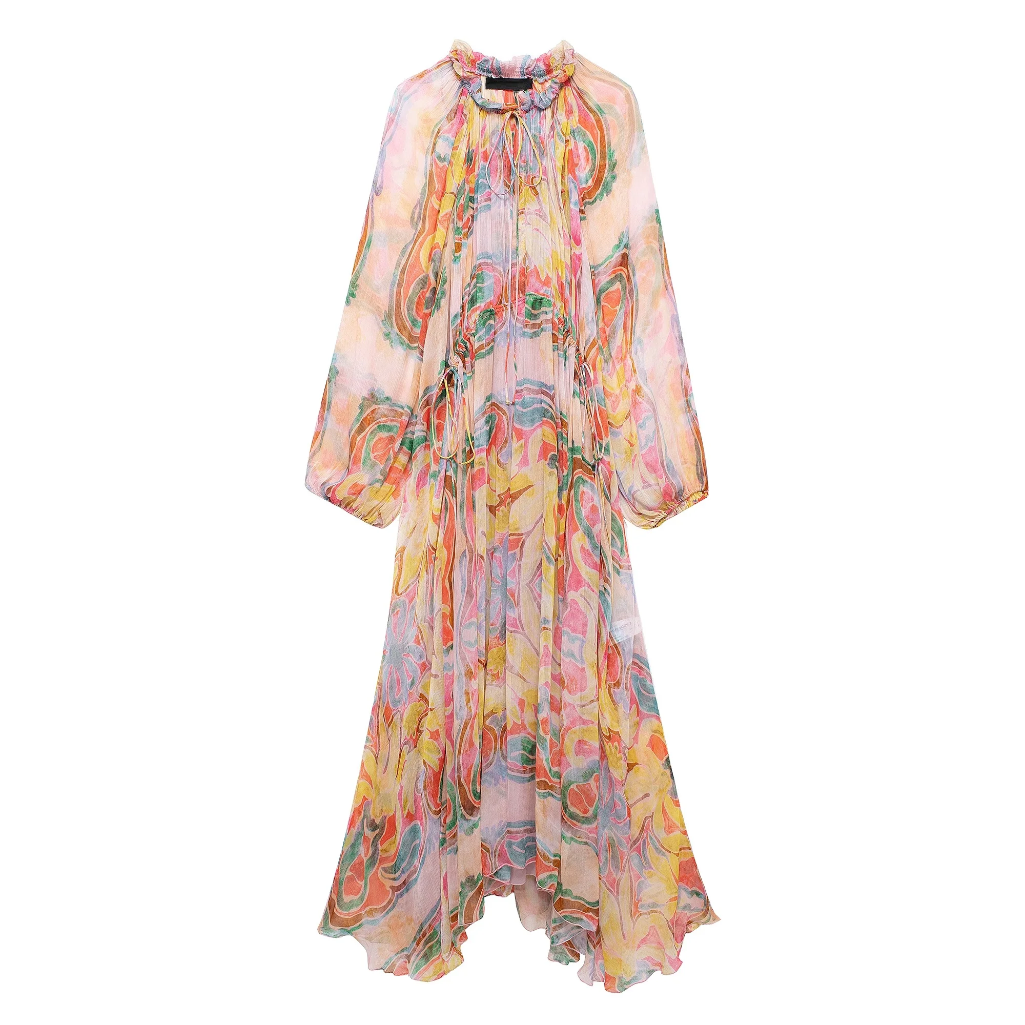 Tangada 2024 Summer Women Flowers Print Oversized Chiffon Dress Female Long Sleeve Long Dress 3H0486