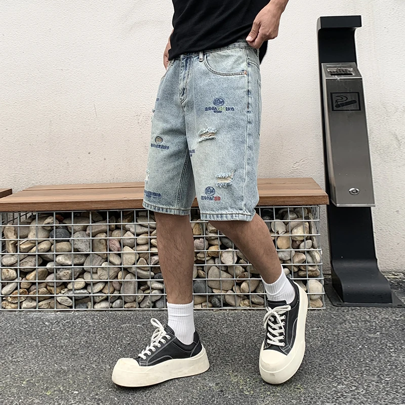 

bgc9380 American style hole embroidery denim shorts men loose tide gangster handsome summer thin section five pants