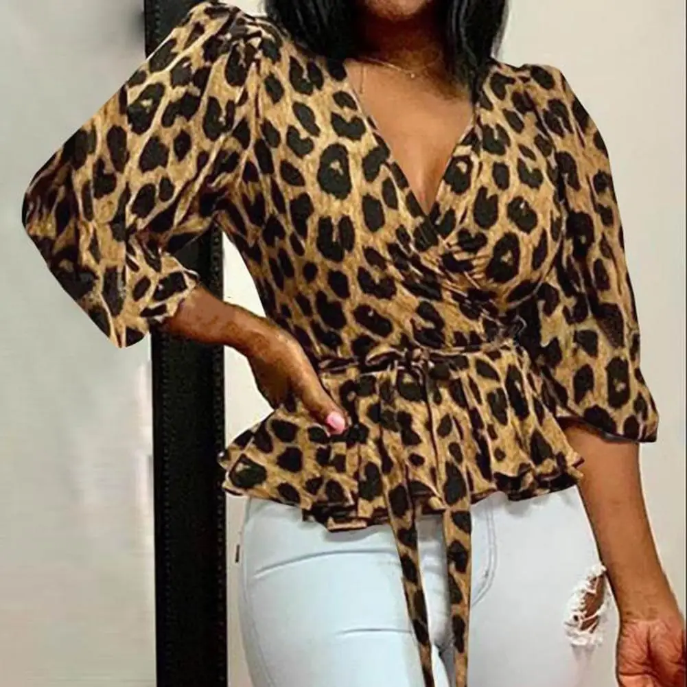 Women Elegant Blouse 2023 Summer Sexy V-Neck Leopard Print Tunic Shirt Belted Office Fashion Top Ruffles Blusas Femininas