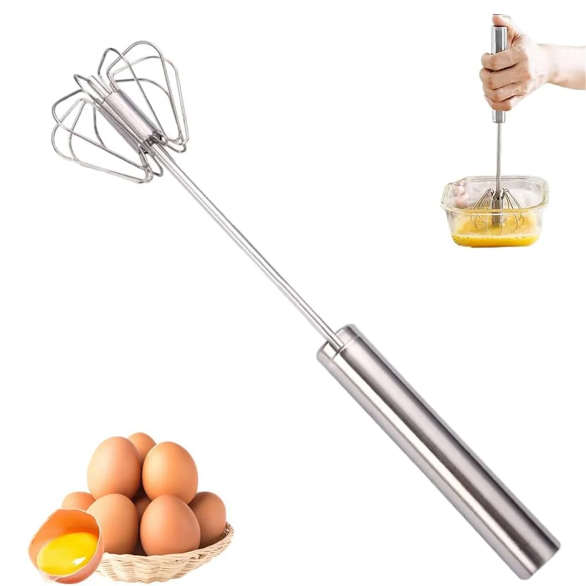 Stainless Steel Semi-Automatic Whisk, Hand Push Mixer Stirrer Kitchen Gadgets for Blending, Whisking, Beating & Stirring