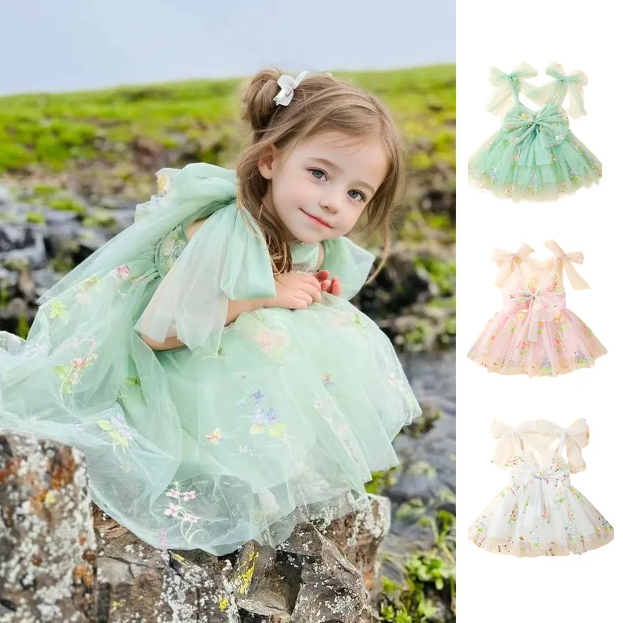 

Baby Girl's Spring and Summer New Sweet Cute Strap Bow Flower Fashion and Beautiful Mesh Kids Dress