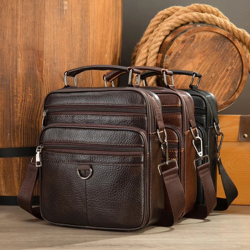 Bolsa de ombro de couro genuíno masculina, bolsa mensageiro de couro vintage, bolsa tiracolo multifunções, bolsa casual masculina