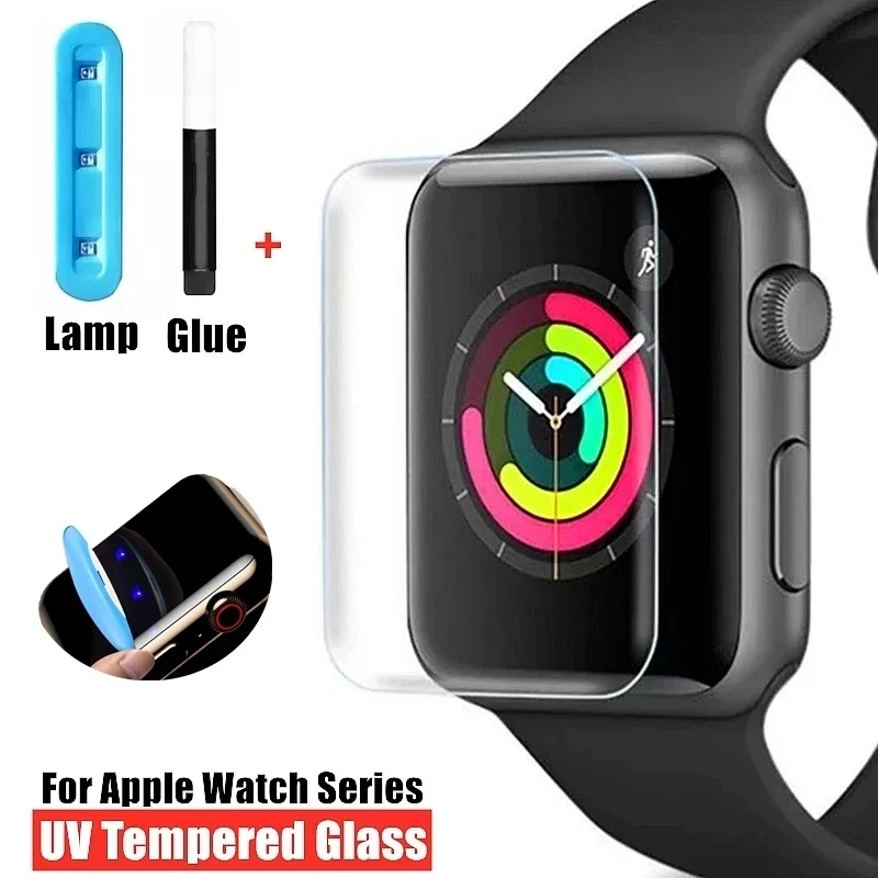 3Pcs UV Glue Tempered Glass For Apple Watch 9 8 7 6 5 4 SE 45mm 44mm Screen Protector IWatch 3 42 41 40 44 45 MM Protective Film