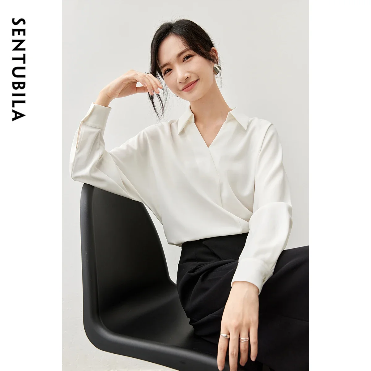 

SENTUBILA White Chiffon Blouse Womens Top 2025 Spring French Simple Loose Fit Long Sleeve Office Lady Shirts & Blouse 143C57393