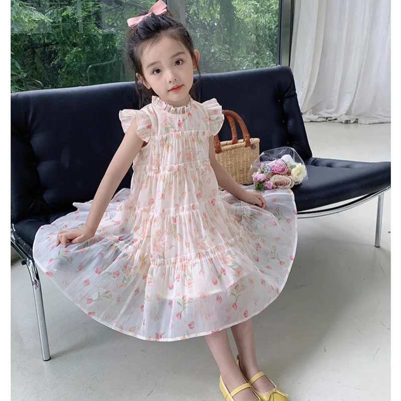 2-8 Years New Summer Princess Girls Dress Full Print Little Flower Lightweight And Comfortable Design Party Dress For Kids