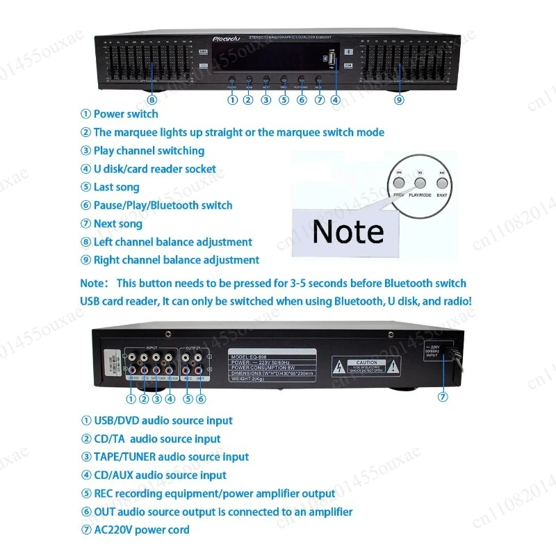 EQ-898 220V Dual 10-Segment HIFI Equalizer Bluetooth USB Digital Stereo Preamp