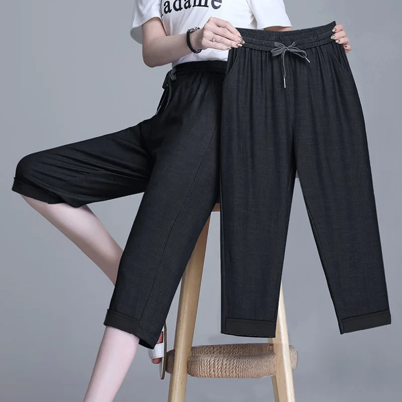 

Women Thin Denim Pants Capris Elastic High Waist Casual Loose Calf-LengthTrousers Summer Breeches 3XL Mom Jeans For Girls