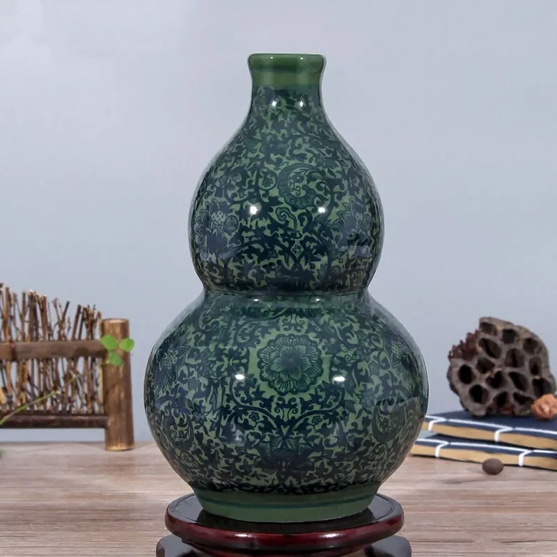 Jingdezhen Ceramics Green Glaze Blue White Antique Small Vase Flower Arrangement Furnishings Livingroom Decoration Home Crafts