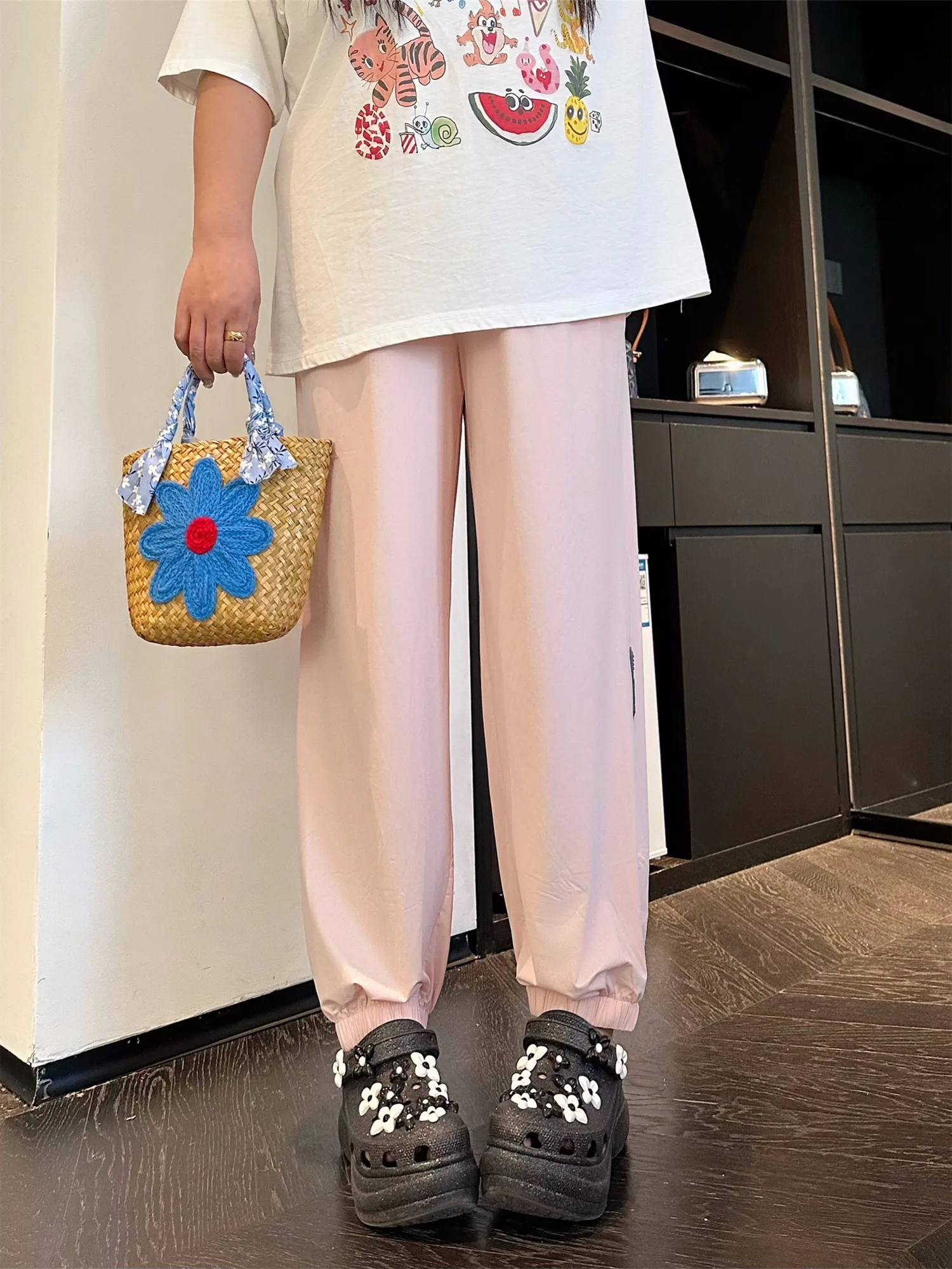 

Женские летние тонкие спортивные брюки больших размеров из ледяного шелка на шнурке, эластичные, с высокой талией, длинные, повседневные, прямые, свободного кроя