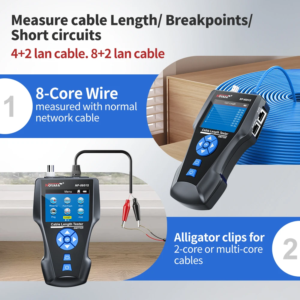 NOYAFA NF-8601S Netwerkkabeltester Multifunctionele TDR-lengte met PoE/PING/Poortspanning Wiremap Tracker Diagnosetool Detector