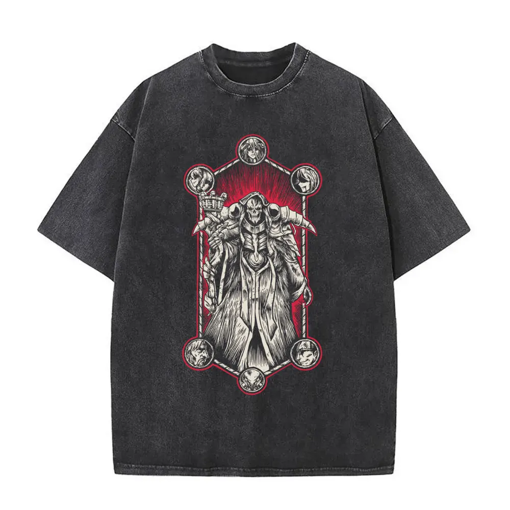 Washed Vintage Anime Overlord Ainz Ooal Gown Skeleton Graphic T-shirt Men Women Casual Oversized T Shirt Men's Manga Streetwear
