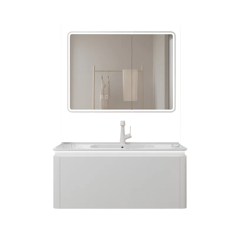 خزانة حمام من الخشب الصلب بتصميم كريمي أبيض وخالية من الطلاء، حوض متكامل من السيراميك، مرآة ذكية، حوض غسيل من الخشب الصلب متعدد الطبقات