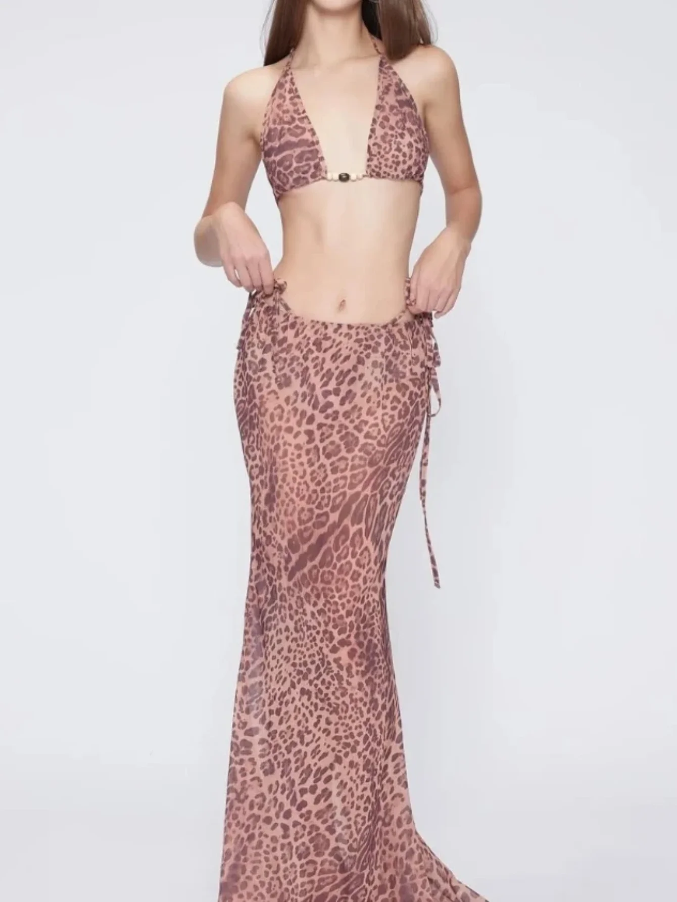 Damski seksowny zestaw bikini w panterkę, 3-częściowy, trójkątny top, spódniczka, letni strój kąpielowy plażowy, brazylijskie kostiumy kąpielowe