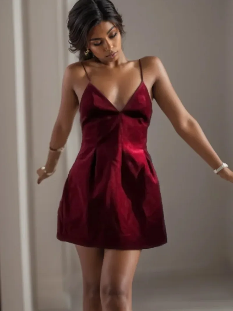 

Women A-line Slim Christmas Red Mini Dress Autumn New Fashion Women Elegant V-neck Velveteen Sling Party Short Dress Vestidos