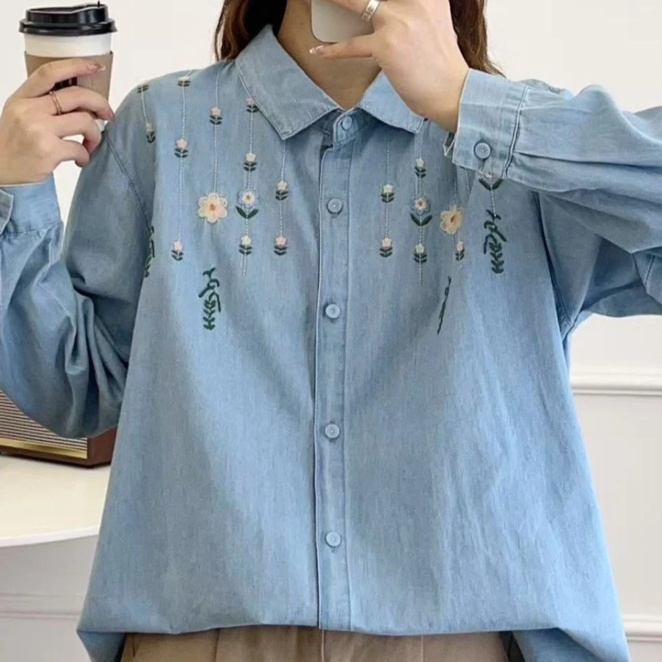 

Long Sleeve Floral Embroidered Denim Shirt Women Loose Button Down Blouse