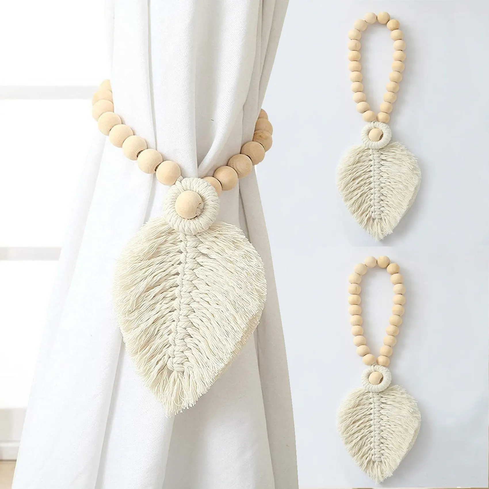 Boho Woven Curtain Ties 2 Pcs Curtain Tiebacks Holder Leaf Macrame Tassel Bohemian Art Braided Window Decor