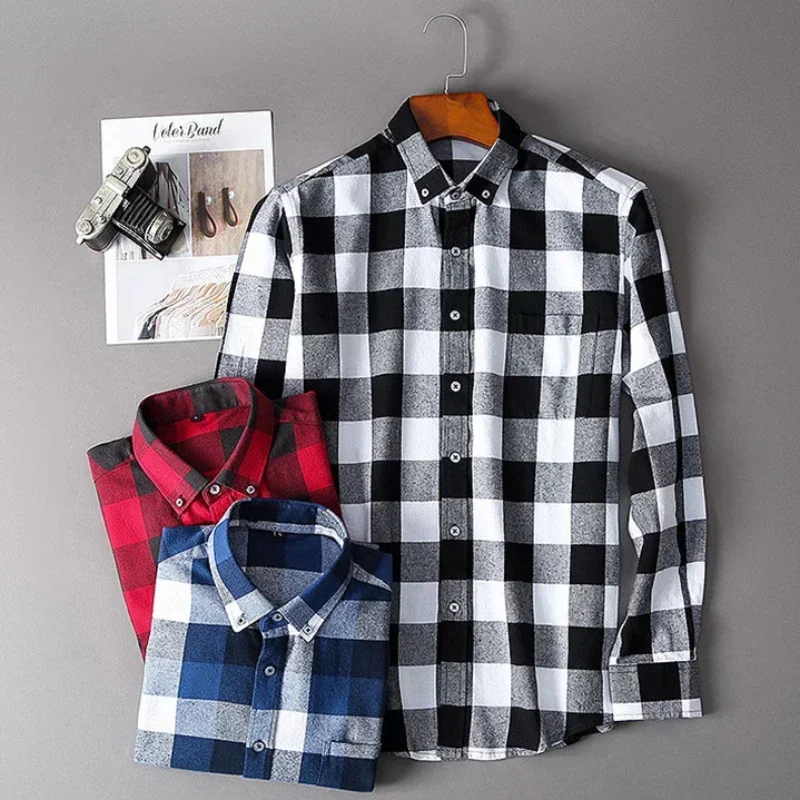 New High-grade Young Korean Casual Coat Shirt 100% Cotton Plaid Shirt Long-sleeved Woolen Shirt Cotton Casual Shirts Men